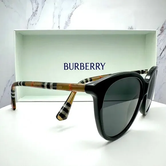 New Burberry Sunglasses Black Front Round Pantos Frame Checkered Arms Gray Lens - Picture 7 of 16